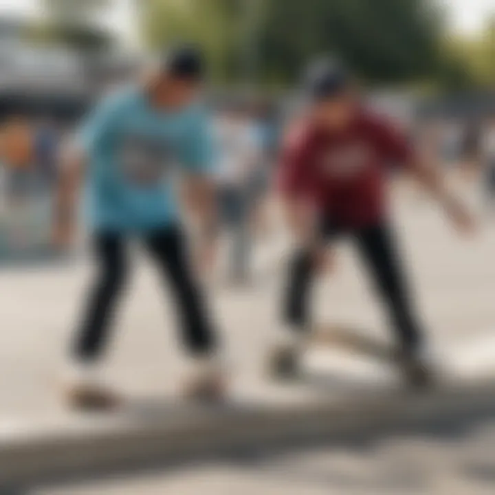 A group of skateboarders showcasing their sticker-adorned boards in a vibrant skate park