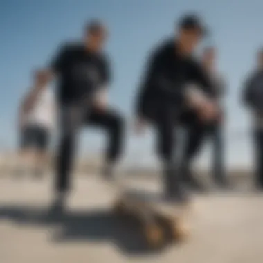 Group of skateboarders wearing black platform Air Force Ones