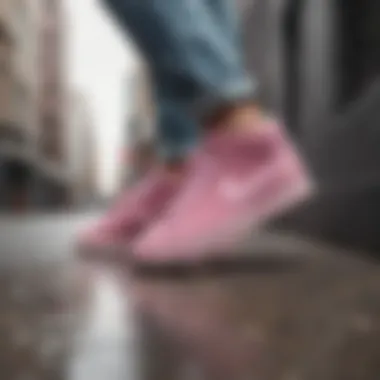 Urban Fashion Statement Fashionable outfit paired with pink suede Nike sneakers in an urban setting