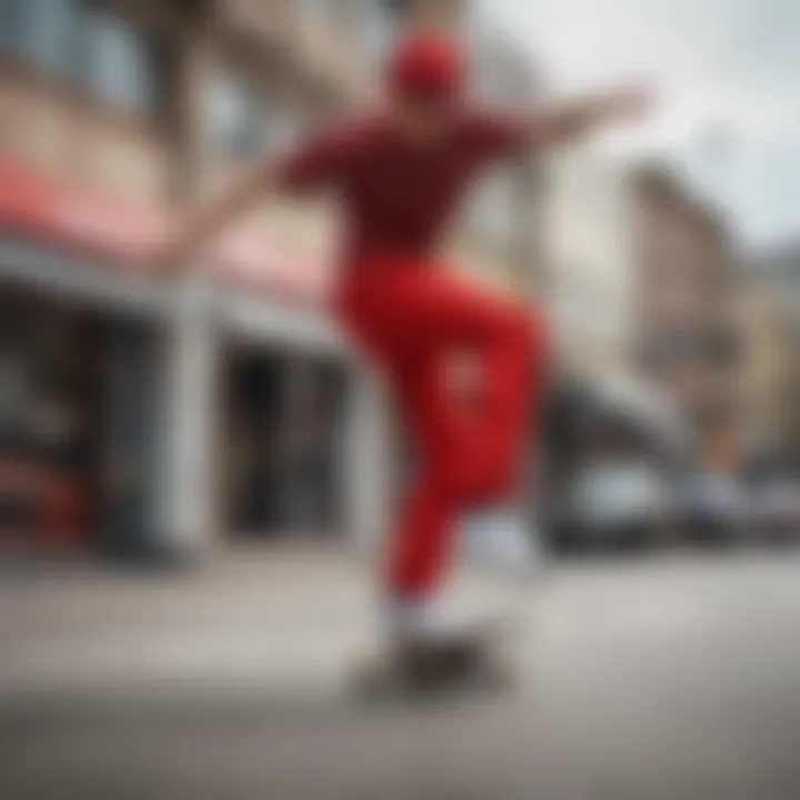 A vibrant close-up of red tripp pants worn by a skater in action, showcasing unique patterns and textures.