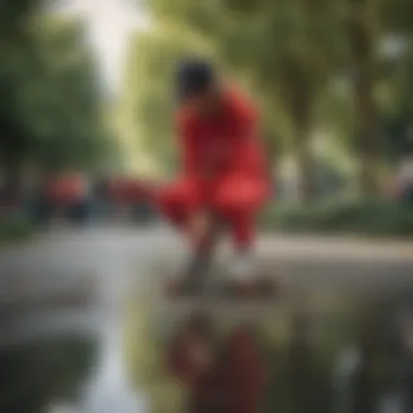 A group of skaters in a park, each sporting unique red tripp pants, reflecting individuality and style.