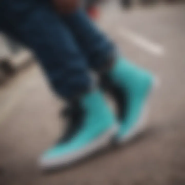 Turquoise high top Vans paired with stylish streetwear