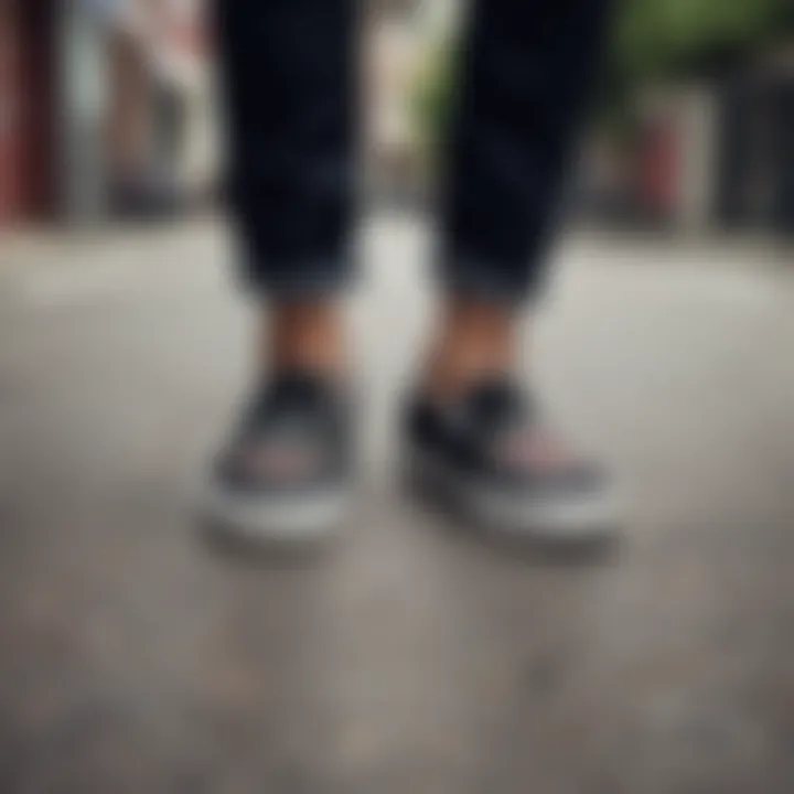 Skater wearing embroidered Vans slip-ons in an urban setting