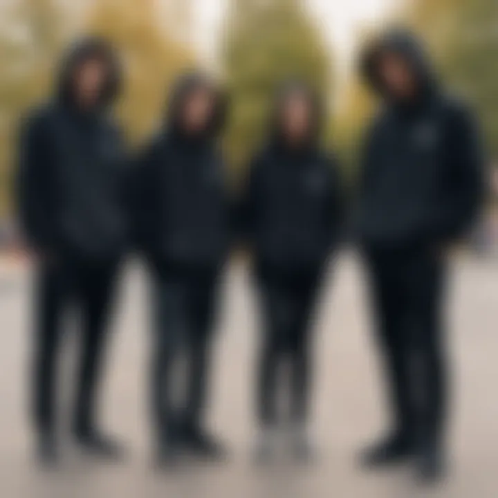 Group of skaters wearing plain black hoodies in a skate park setting.