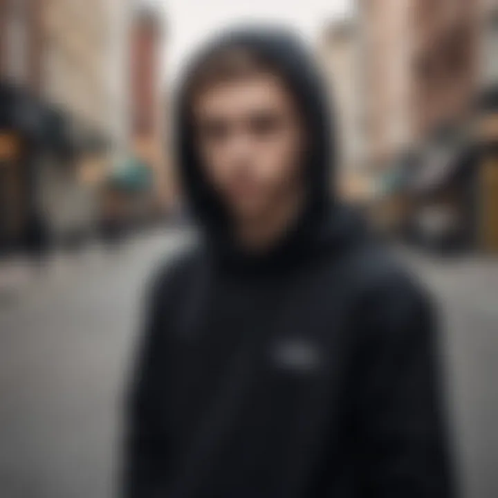 Youth skater showcasing a plain black hoodie on the city streets.