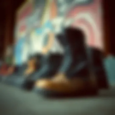 An array of combat boots displayed prominently, a staple in grunge attire.