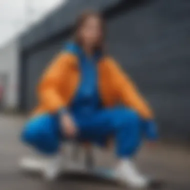 A fashion collaboration featuring a blue windbreaker displayed alongside skateboards and streetwear.