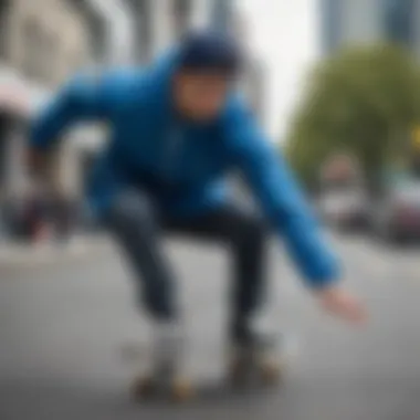 A skateboarder in motion wearing a blue windbreaker, blending sport with style.