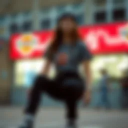 Dynamic street style featuring the Dickies crop top in urban skate setting