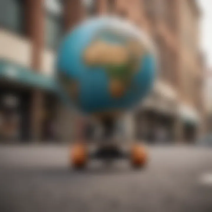 An artistic view of a Globe skateboard in an urban setting