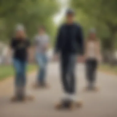 Group of enthusiasts enjoying a ride on electric skateboards in a park