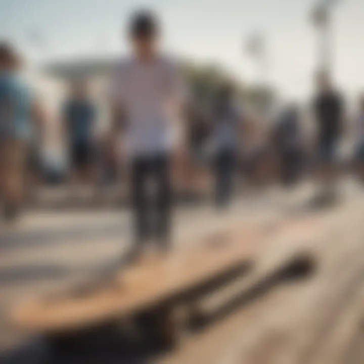 Skaters gathering and sharing tips on a boardwalk