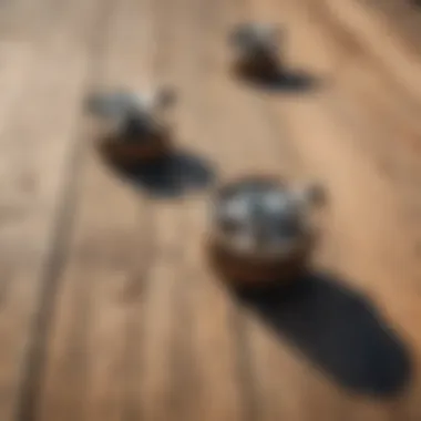 Close-up of skateboard wheels on wooden planks