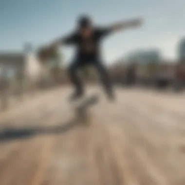 Dynamic Boardwalk Tricks Skater performing tricks on a boardwalk