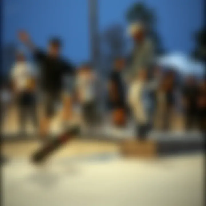 A group of skaters performing half cab tricks at a skate park