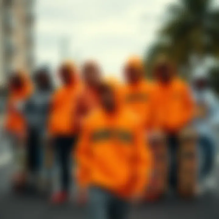 Diverse Skateboarders Wearing Hunter Orange Hoodies Group of skateboarders showcasing diverse styles, prominently featuring the hunter orange hoodie