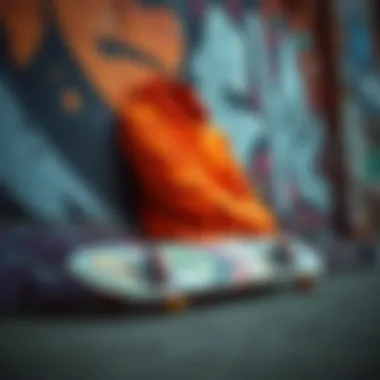 Skateboard and Hunter Orange Hoodie with Graffiti Background Skateboard resting against a wall adorned with graffiti, alongside a hunter orange hoodie