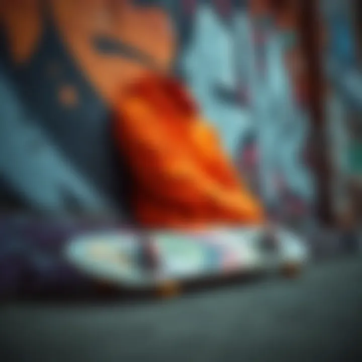 Skateboard and Hunter Orange Hoodie with Graffiti Background Skateboard resting against a wall adorned with graffiti, alongside a hunter orange hoodie