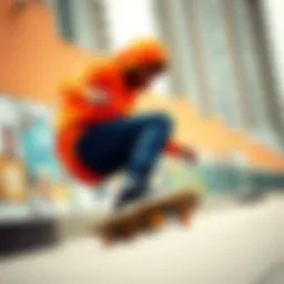Vibrant skateboarder wearing a hunter orange hoodie in an urban setting