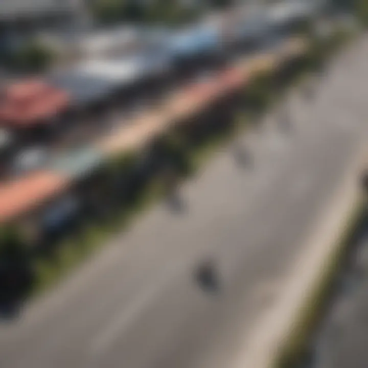 An aerial view of a community event bringing together skateboard and scooter enthusiasts.