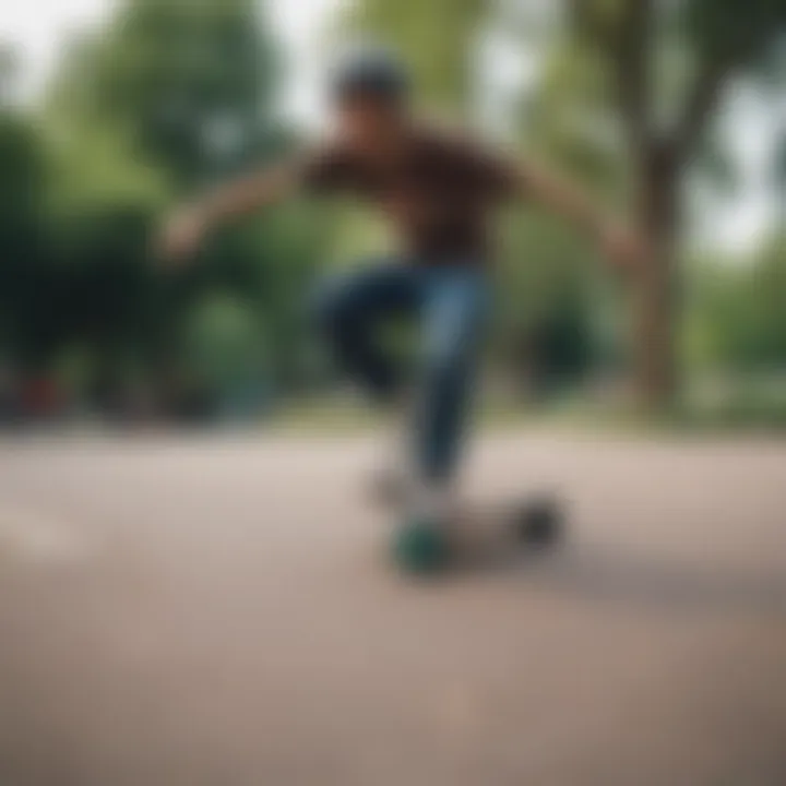 A vibrant park scene with riders performing tricks on scooters.