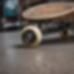 A close-up of a skateboard showcasing its unique deck design and grip tape.