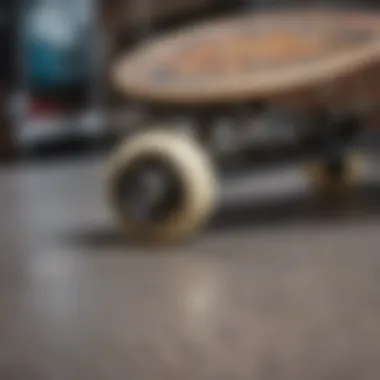 A close-up of a skateboard showcasing its unique deck design and grip tape.