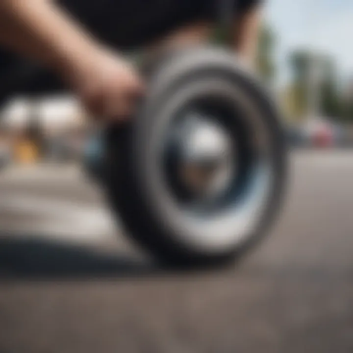 A detailed view of skateboard wheels and trucks illustrating functionality.