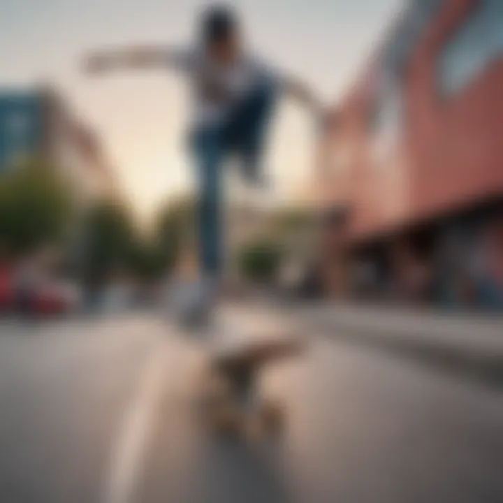 Skateboarder performing tricks wearing Vans shoes in a vibrant urban setting.