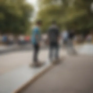 A group of riders discussing drop through boards at a skatepark