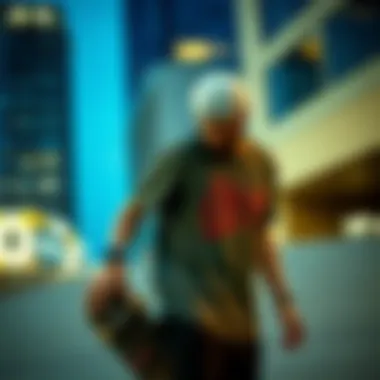 A skateboarder wearing an Obey T-Shirt in an urban setting