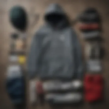 Flat lay of the hoodie alongside skateboarding gear