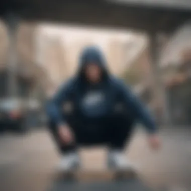 A skateboarder wearing Nike's hoodie and sweatpants, embodying the skateboarding lifestyle.