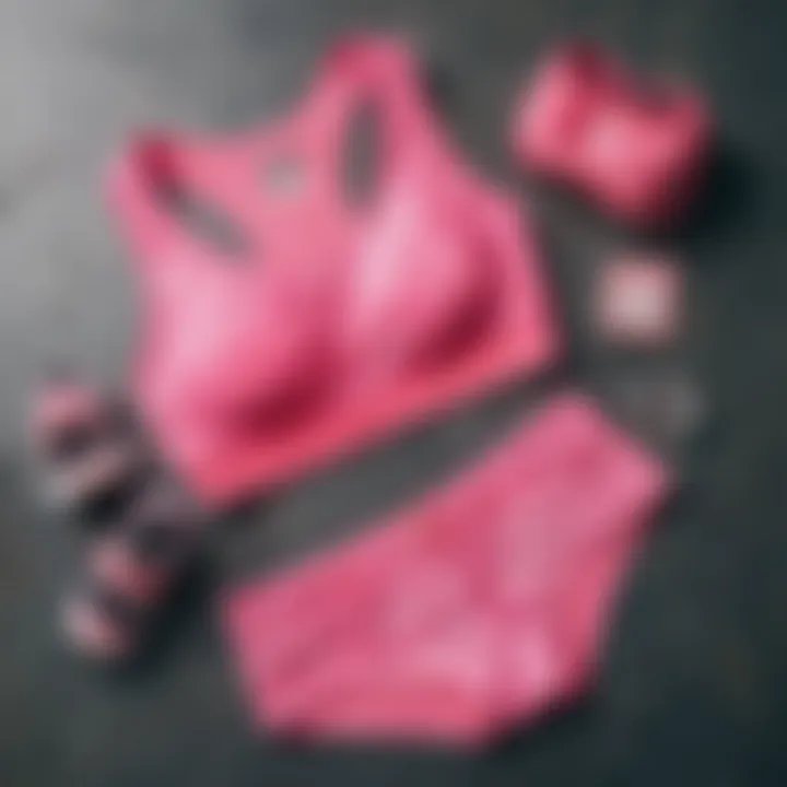 Flat lay of pink camo sports bra with complementary workout gear