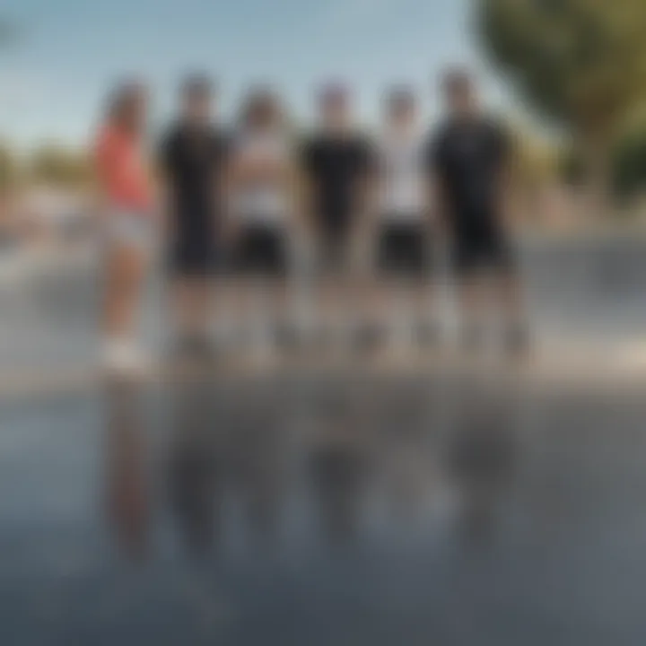 Group of skaters wearing plain black shorts hanging out at a skate park.