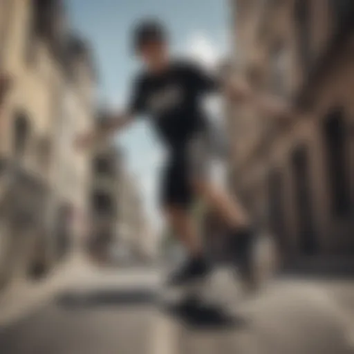 A skater performing a trick in plain black shorts on a street ramp.