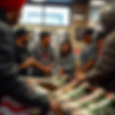 Community Engagement in Skate Culture A group of enthusiastic skaters discussing shoes in a trendy skateboard shop