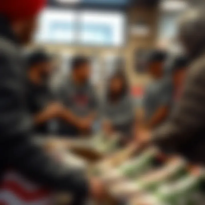 Community Engagement in Skate Culture A group of enthusiastic skaters discussing shoes in a trendy skateboard shop