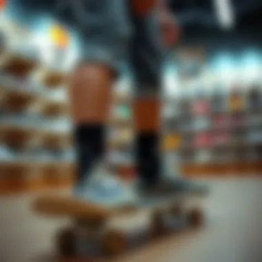 Selecting the Right Fit A skateboarder trying on shoes in a store, emphasizing the fit and selection process
