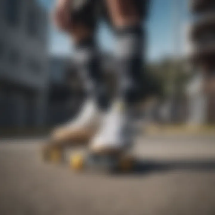 Skateboarder wearing Adidas socks while performing a trick