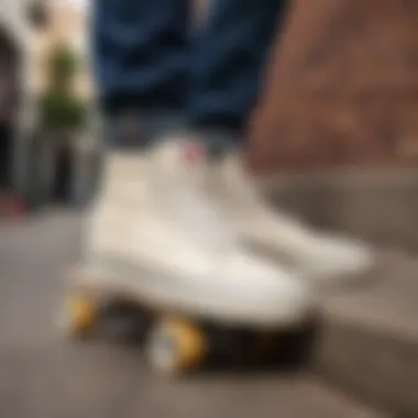 Skateboarder wearing Vans Half Cab cream in urban setting