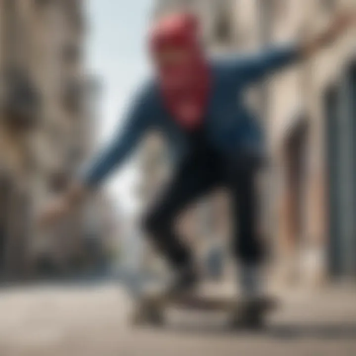 Skateboarder performing a trick with bandanna