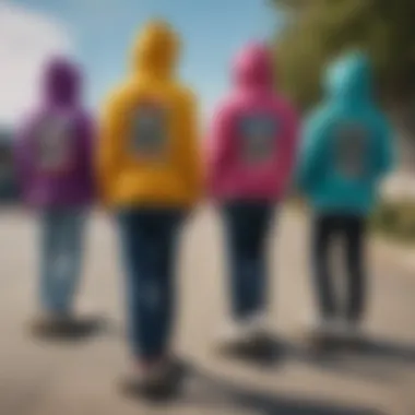 Artistic representation of skateboard culture with multi-color hoodies as a focal point.