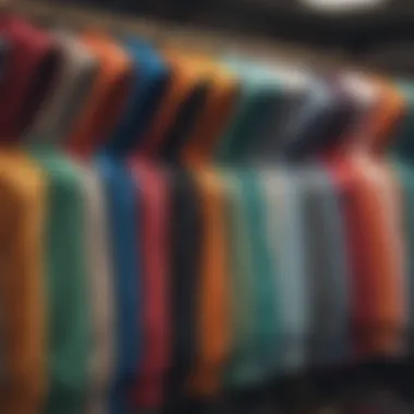 A vibrant collection of multi-color hoodies displayed in a skate shop.