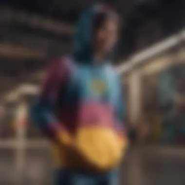 Skateboarder showcasing their unique style while wearing a multi-color hoodie.