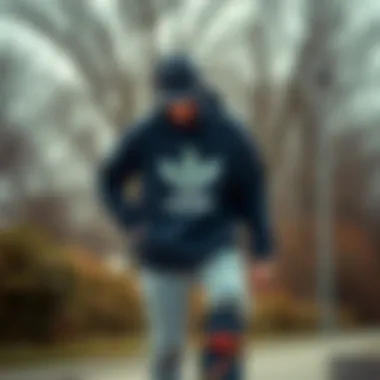 Skateboarder wearing a trendy graphic sweatsuit