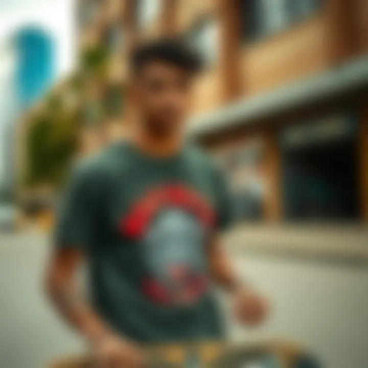 Urban Style and Skate Culture Representation Skateboarder wearing a stylish graphic tee in an urban setting