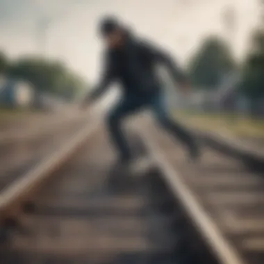 A skateboarder gliding along train tracks with a dynamic posture