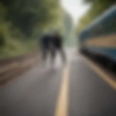 A group of train skaters practicing techniques in a scenic location