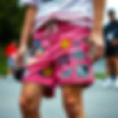 Customized Artistic Expression A creative customization of Vans pink shorts with artistic patches